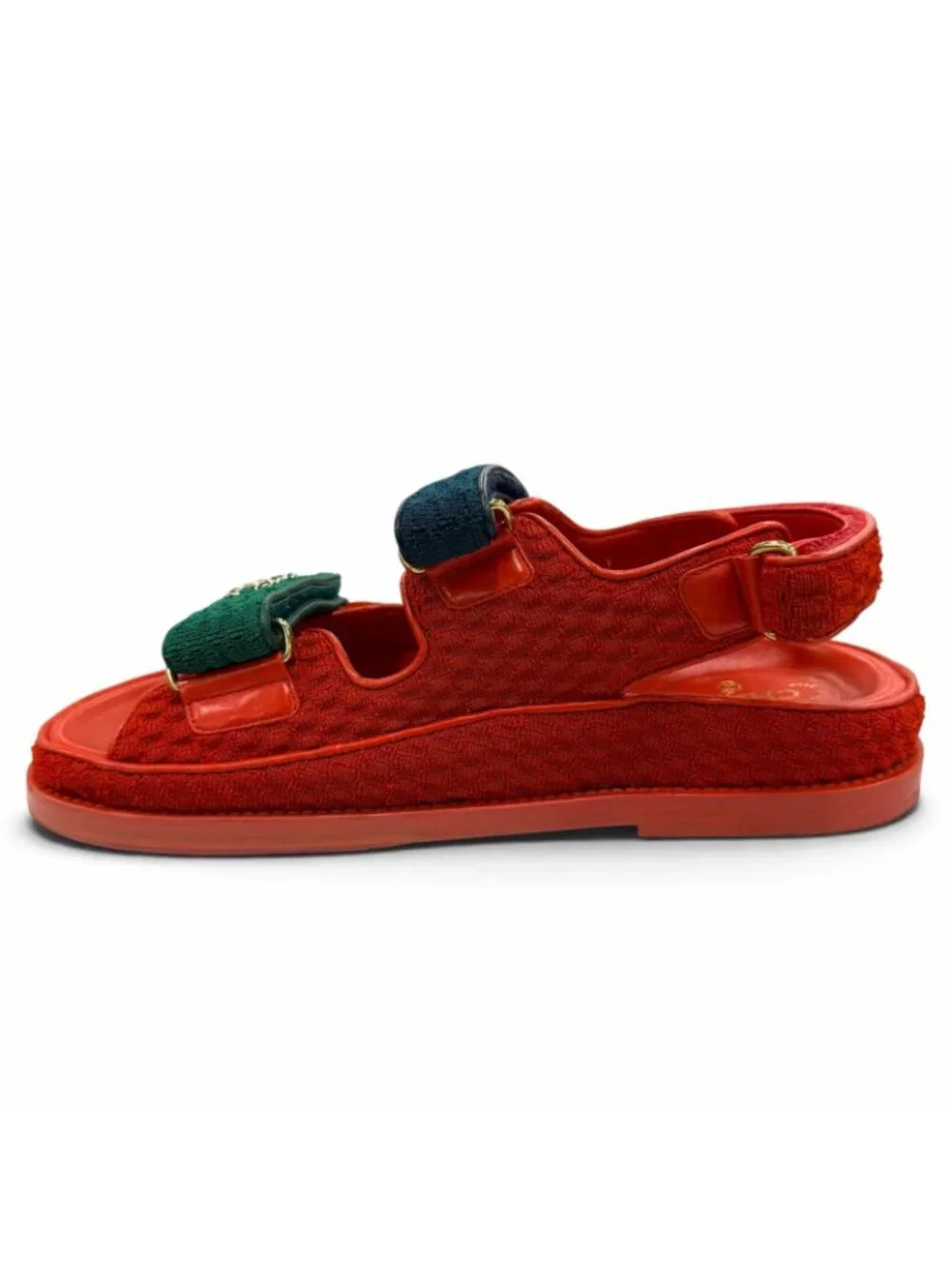 Chanel 22S Leather CC Logo Velcro Sandals Red Navy Green